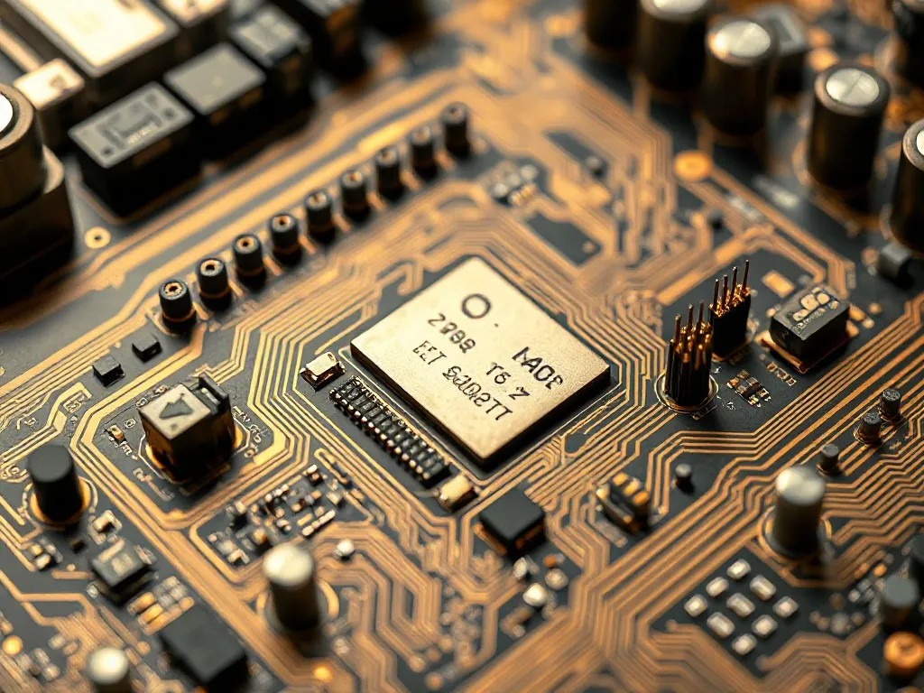 A macro shot of high-tech gold plated circuit boards and ele